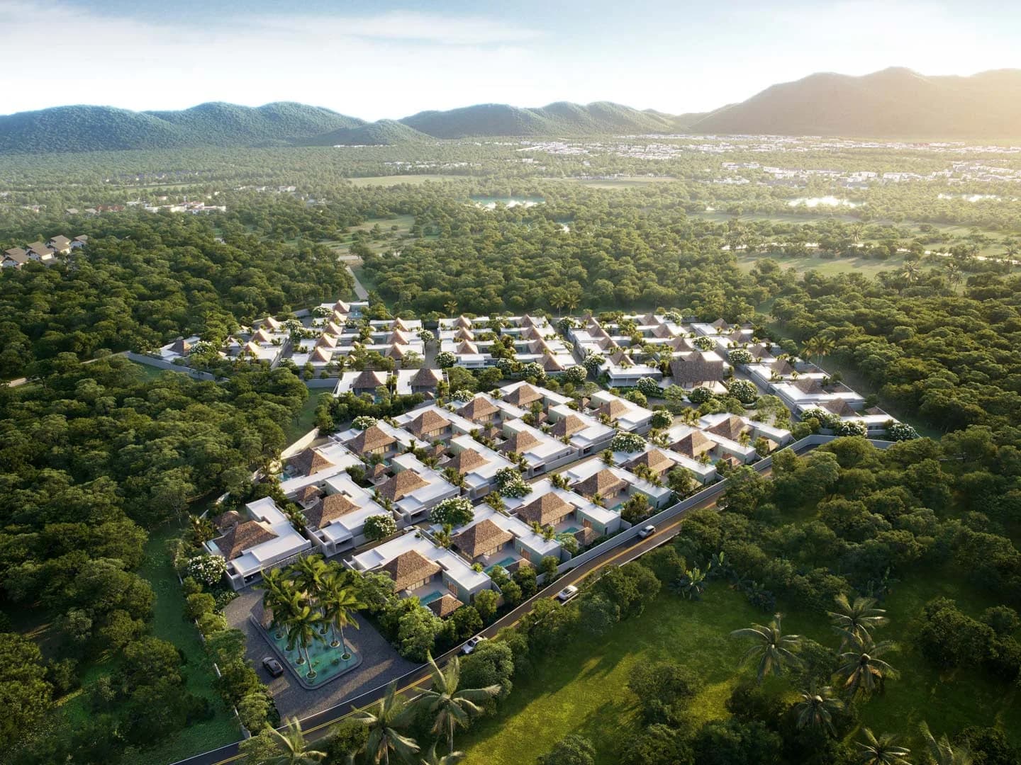 Indigo I as designed, from above (render): white villas with shingle pyramid roofs and blue pools among green lanes, the Phuket hills behind