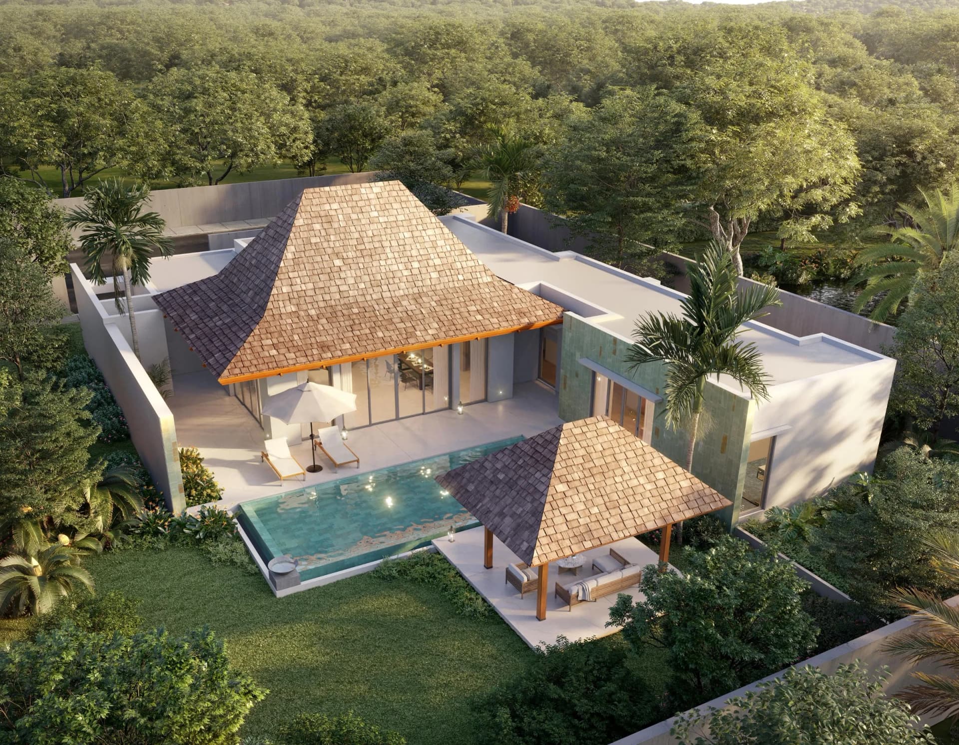 Typ 3A-1 von oben: das pyramidenförmige Holzdach über dem Wohnpavillon, der Überlaufpool und die Garten-Sala auf einem ummauerten Grundstück